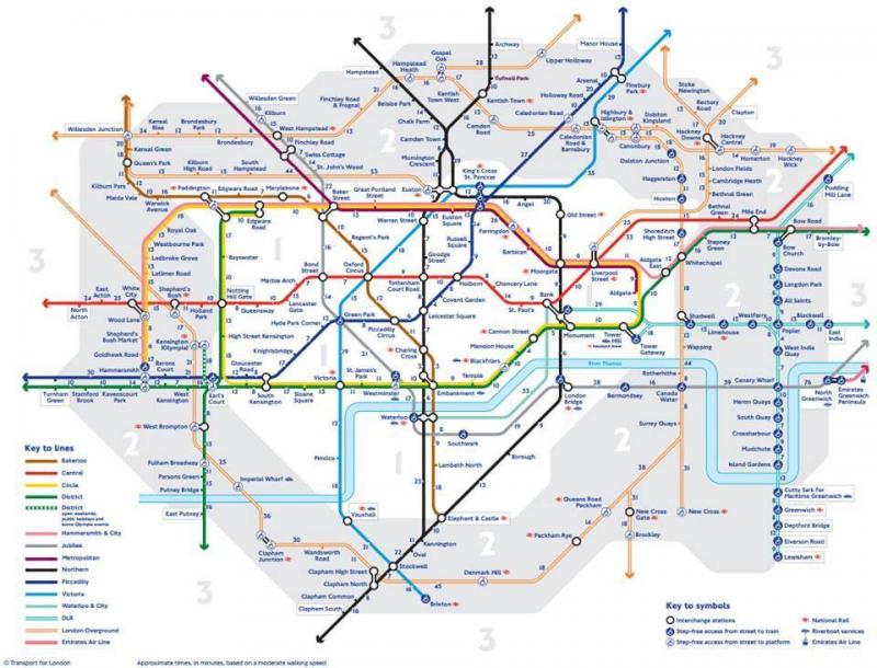 La carte des distances à pieds entre les stations de métro à Londres