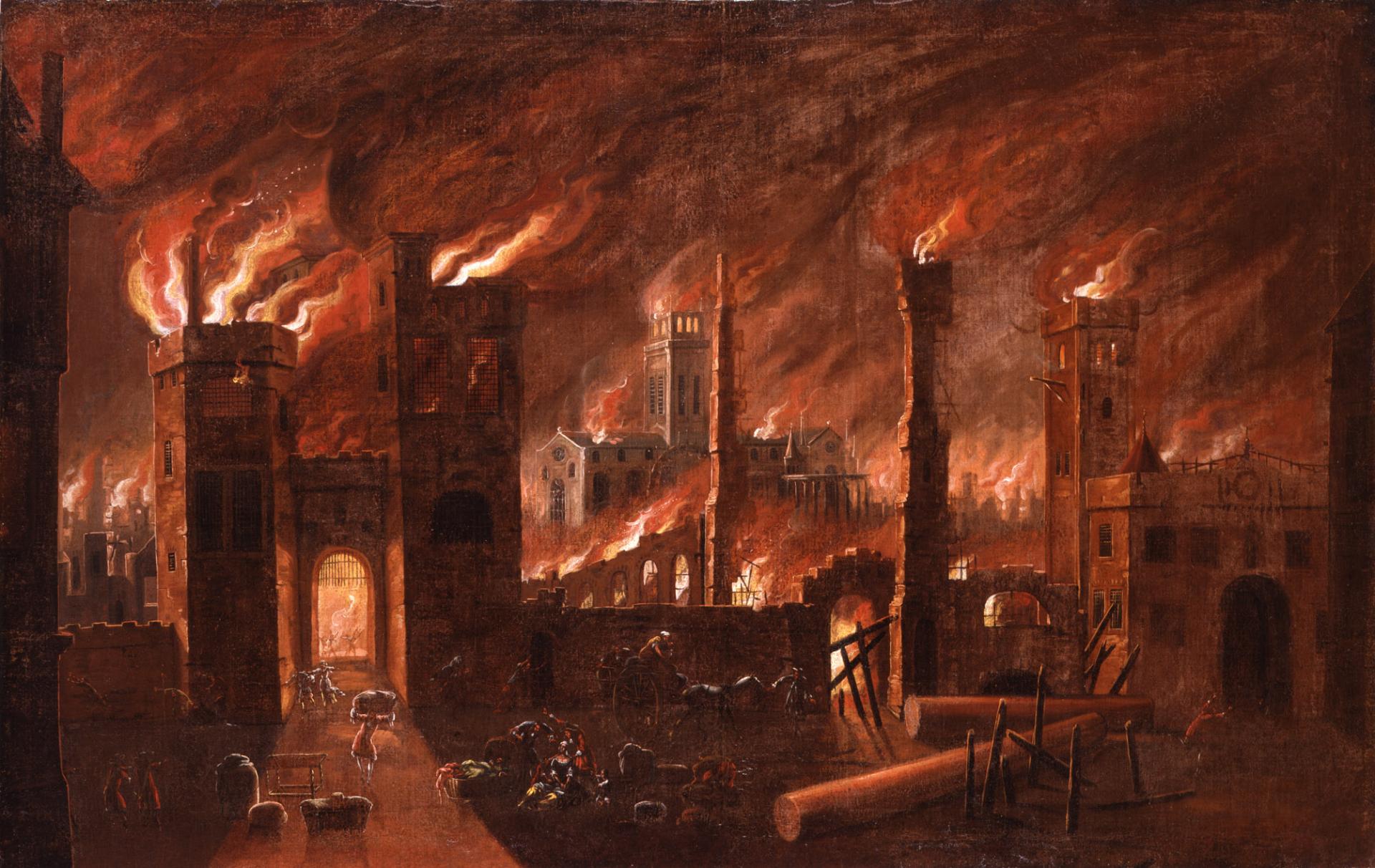 Oil painting of the great fire of london seen from ludgate c museum of london