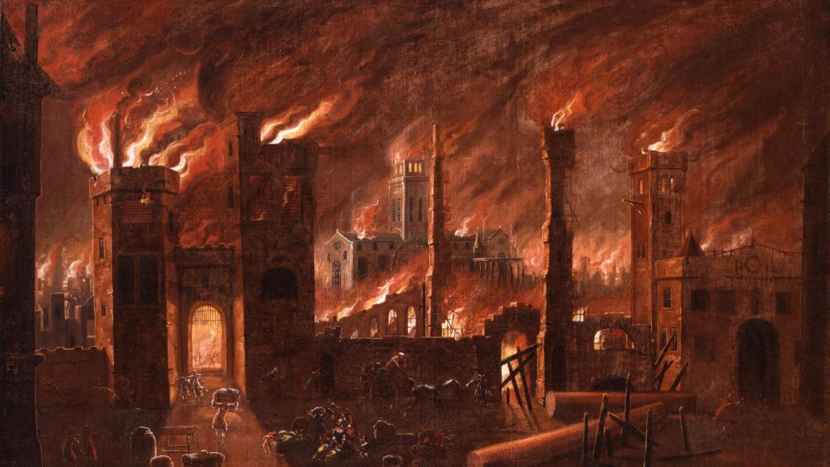 Oil painting of the great fire of london seen from ludgate c museum of london